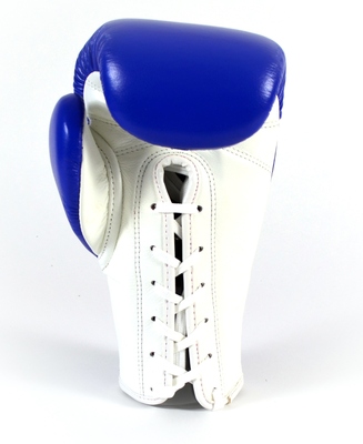Sandee Authentic Lace Up Pro Fight Boxing Gloves Leather- Blue/White
