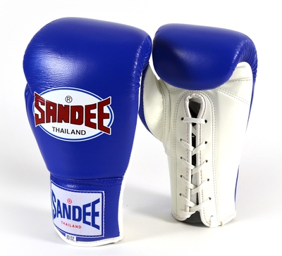 Buy the Sandee Authentic Lace Up Pro Fight Boxing Gloves Leather- Blue/White online at Fight Outlet