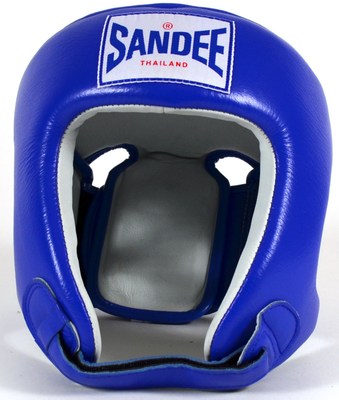 Buy the Sandee Open Face Head Guard Leather Blue/White  online at Fight Outlet