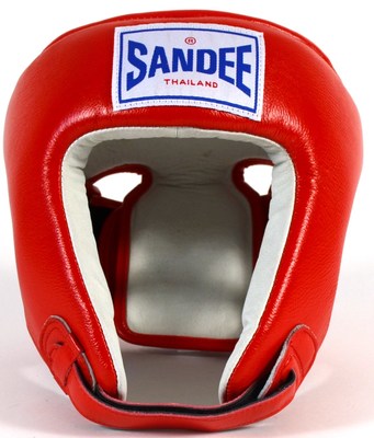 Buy the Sandee Kids Open Face Thai Head Guard Synthetic Leather Red online at Fight Outlet