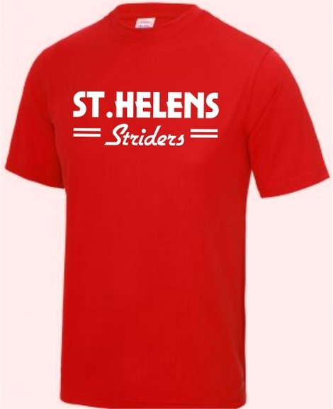 ST.HELENS Striders Junior & Mens PERFORMANCE RUNNING TEE SHIRT. Large chest Logo & Large Back Print.