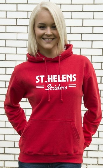 ST.HELENS Striders Ladies HOODY with Large Chest Logo, Plain Back.