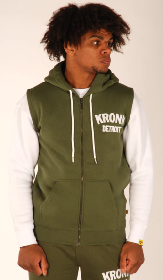 KRONK Detroit Applique Full Zip Sleeveless Hoodie. Military Green/White
